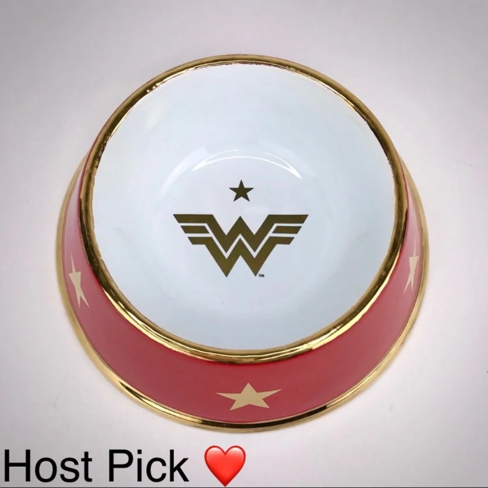 MOSHIQA Red Wonder Woman Dog Bowl Dish Ceramic WW84 22kt Gold Star Christmas